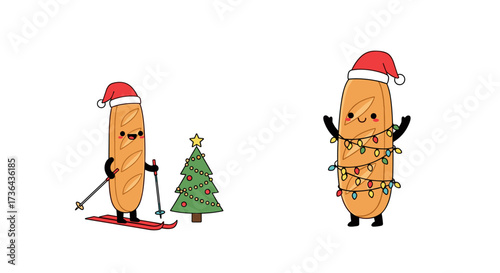 A festive baguette dressed for skiing near a decorated Christmas tree with another baguette adorned with sparkling holiday lights.
