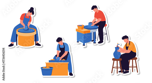 Pottery artists creating various ceramic items on pottery wheels and tables for display and sale.