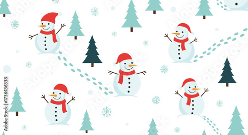 A festive scene featuring multiple snowmen enjoying a winter wonderland with snow falling and pine trees.