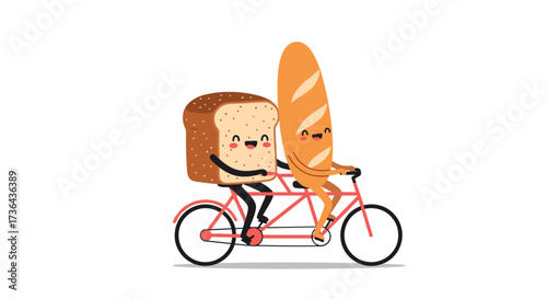 Two cartoon loaves of bread happily riding a tandem bicycle together.