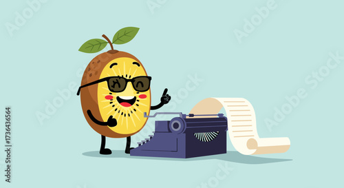 A cheerful kiwi character wearing sunglasses is enthusiastically typing on an old-fashioned typewriter.