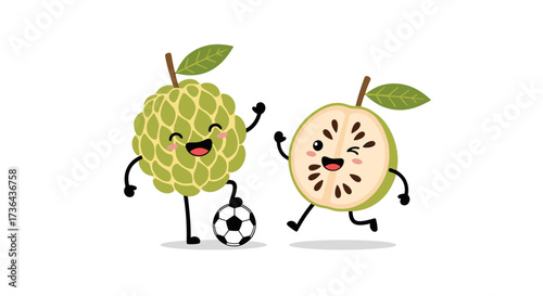Two cute cartoon custard apples playing with a soccer ball on a white background.