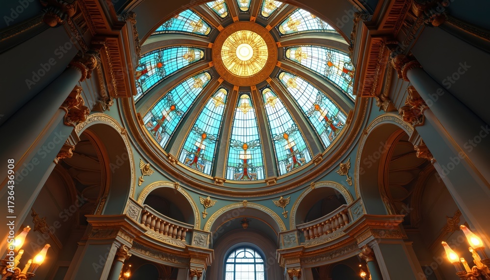 Obraz premium Ornate interior features a grand stained glass dome ceiling. Ornate gold Corinthian columns and architectural details support the structure. Interior lighting creates a warm inviting glow.