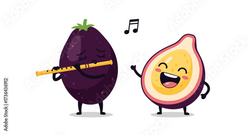 An eggplant plays a flute for a happy passion fruit.