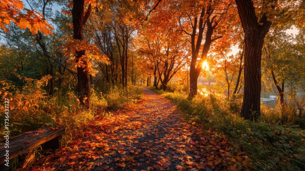 Naklejka premium A peaceful pathway lined with colorful autumn leaves leads towards a glowing sunset. The warm hues of orange and gold reflect on the nearby water, creating a serene atmosphere.