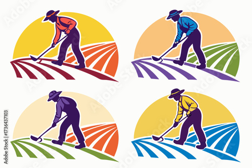 set of Farmer plowing field silhouette illustration isolated on white background