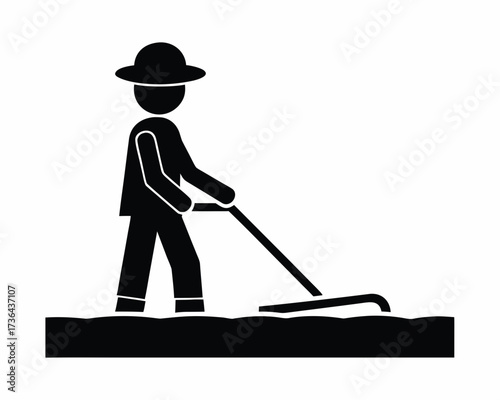 Farmer plowing field icon silhouette illustration isolated on white background