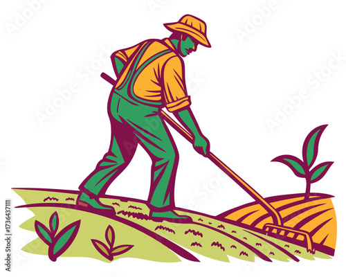Farmer plowing field silhouette illustration isolated on white background