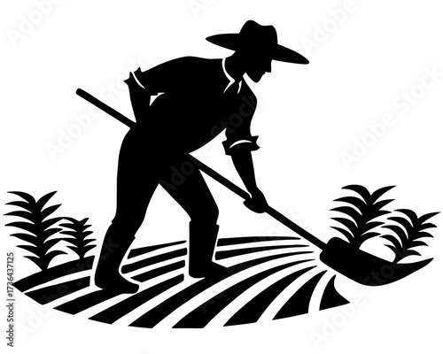Farmer plowing field silhouette illustration 
