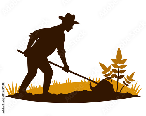 Farmer plowing field silhouette illustration isolated on white background