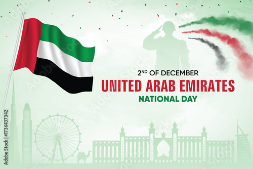 United Arab Emirates Flag Waving With Army Soldier and Air Show On Skyline Background. National Day Concept Design Vector Illustration.