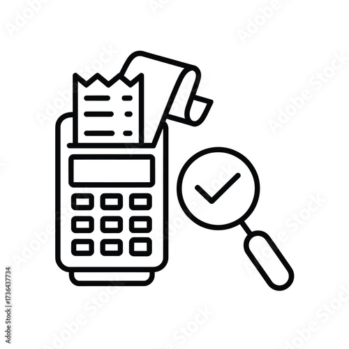 Point of sale terminal with receipt and magnifying glass icon