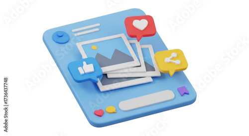 Isolated social media platform with multiple photos and like, share, love buttons