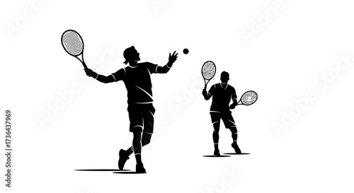 Dynamic Duo Tennis Players in Action, Swinging Rackets and Chasing Victory on the Court