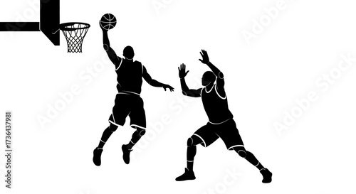 Intense Basketball Match Silhouette of Players in Action Near the Hoop