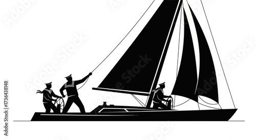 Sailboat Crew Silhouette Illustration Teamwork and Nautical Adventure on the High Seas