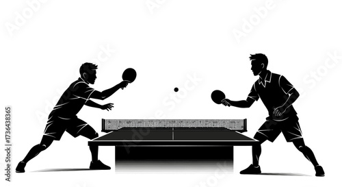 Silhouette of Two Table Tennis Players in Action Facing Each Other Over a Ping Pong Table
