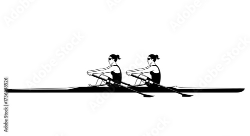 A rowing team navigating through the waters with synchronized precision on a sleek, narrow scull