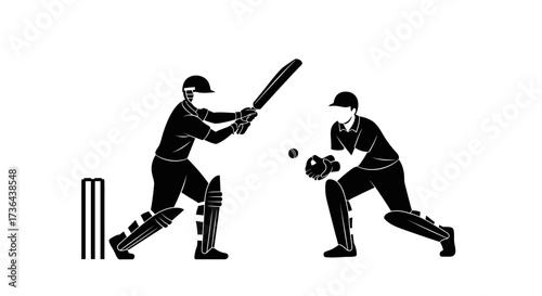 Cricket Match Silhouette Batter Facing Catcher in Action-Packed Game Scene Vector Illustration