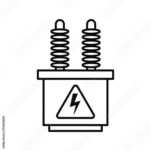Simple line art icon of an electrical transformer with warning symbol