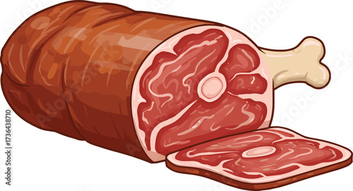Cartoon ham illustration, sliced meat vector, pork food design, bone-in cut artwork, culinary ingredient drawing, butcher product, protein, flat vector