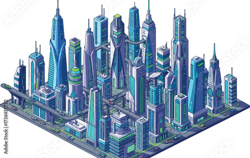 Isometric pixel art rendering of a futuristic city with tall buildings and elevated roadways design