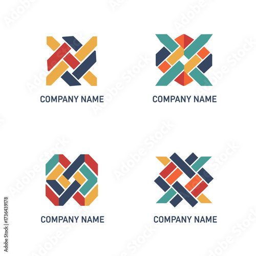 Set of four colorful abstract geometric interwoven ribbon logos.