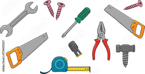 Cartoon hand tools, construction equipment illustration, carpentry repair vector, hammer and saw design, wrench pliers screwdriver artwork, DIY toolkit, hardware, flat vector