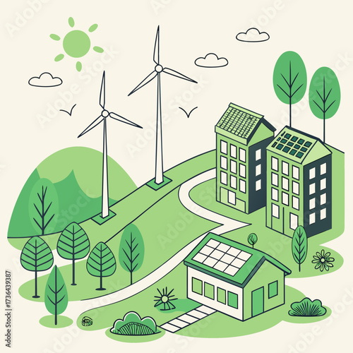 Illustration of a green energy community with wind turbines, solar panels, and houses on a green hill