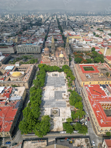 Top-down vertical view of Plaza de la Liberacion showing construction and city center in Guadalajara, Mexico