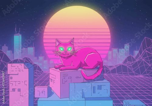 Pink Cat with Green Eyes in Retro Cityscape.