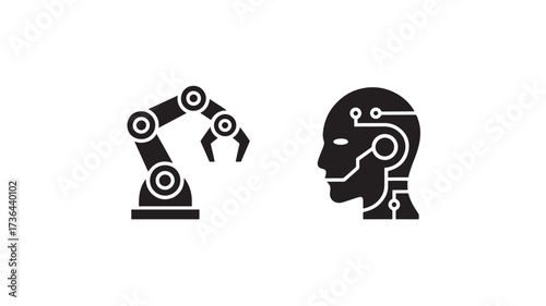 Robotic arm and human head with circuit design black vector icons for artificial intelligence isolated on white background