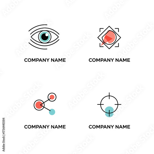 Set of four minimalist company logos with abstract watercolor elements.