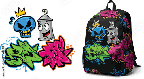 A black backpack with colorful graffiti designs including a skull and spray paint can illustration