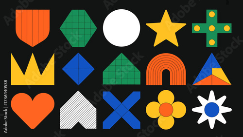 Geometric Shapes Assemblage Colorful Abstract Graphic Design with Modern Style on Dark Background