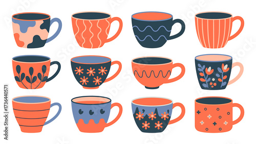 Colorful Ceramic Cups Vibrant Collection of Hand-Painted Mugs for Coffee and Tea Lovers, Decorative Kitchenware Pattern
