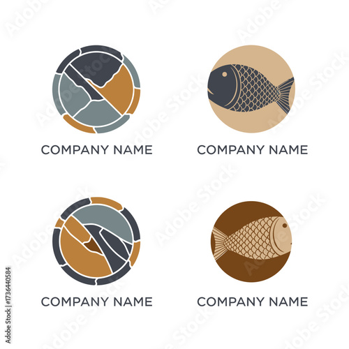 Set of four modern circular company logo designs with fish and abstract mosaic patterns.
