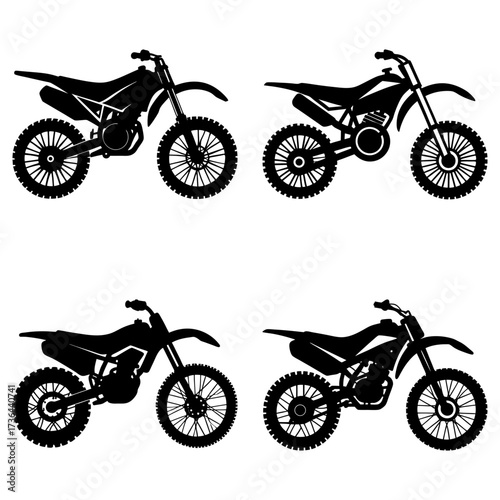 Four black silhouette dirt bikes arranged in a grid pattern on a white background showcasing motorcycles