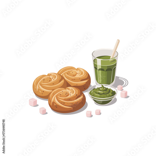 Delightful depiction of matcha treats and swirls for a refreshing snack or dessert