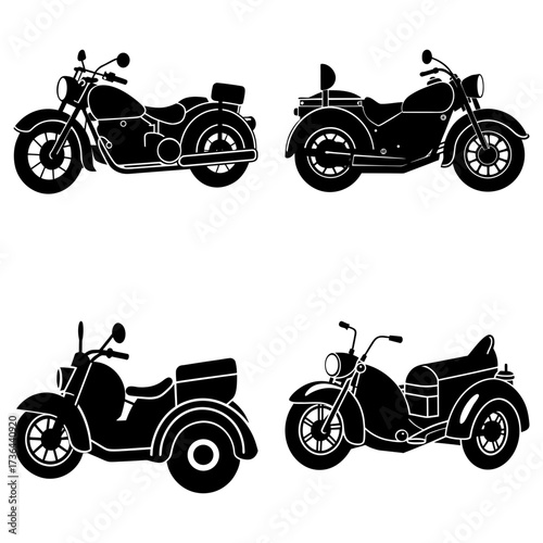 Silhouette illustration featuring four different motorcycle designs on a white background display of vehicles