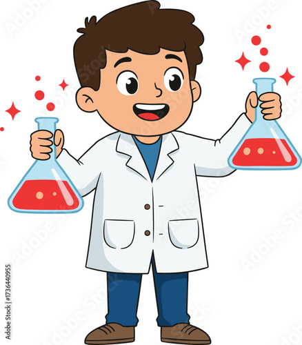 Cartoon scientist character, chemistry experiment illustration, young researcher vector, lab coat design, science education artwork, laboratory flasks, discovery concept, flat vector