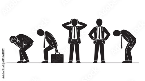 Silhouette of a stressed businessman in various poses vector illustration showing burnout and pressure isolated on white background