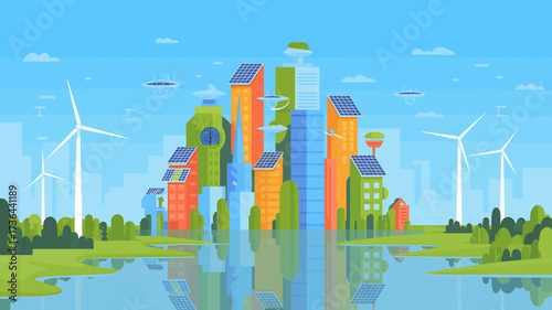 Sustainable Cityscape A vision of renewable energy and eco-friendly architecture integrated into urban landscape.