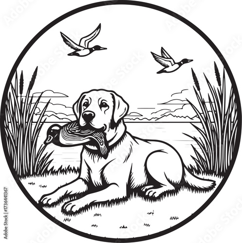 Black and white illustration of a labrador retriever with a duck in its mouth