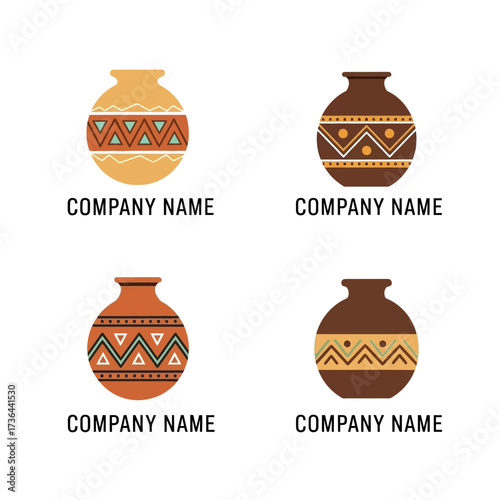 Set of four traditional African pottery vase logos with tribal patterns.