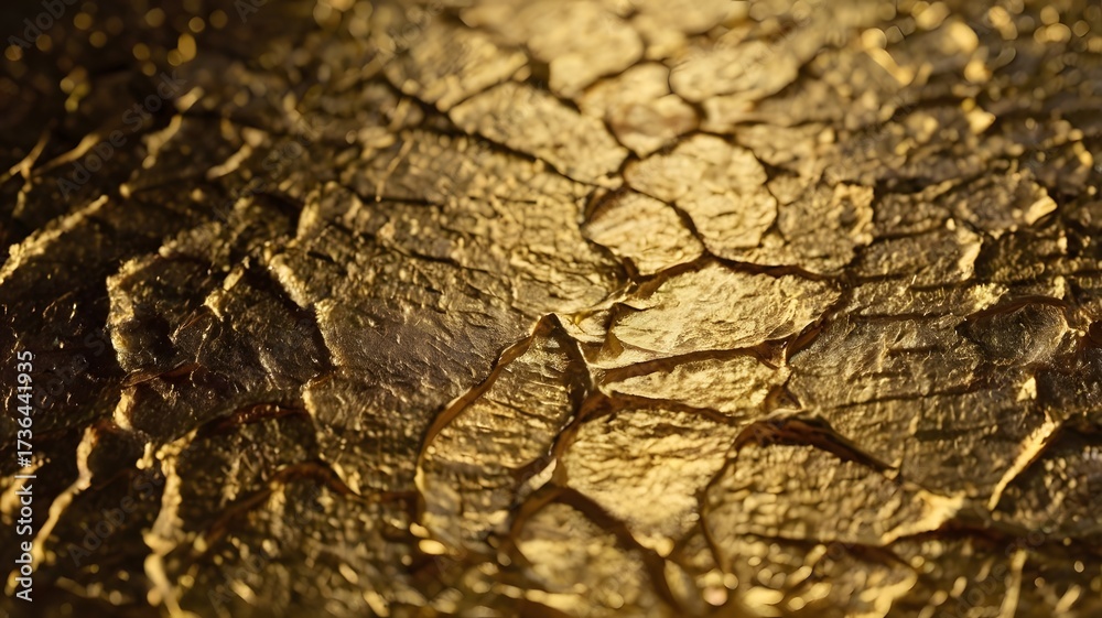 Fototapeta premium Macro shot of gold texture with rough strokes, cracks, and color variations, ideal for luxury backgrounds, packaging, and artistic projects.