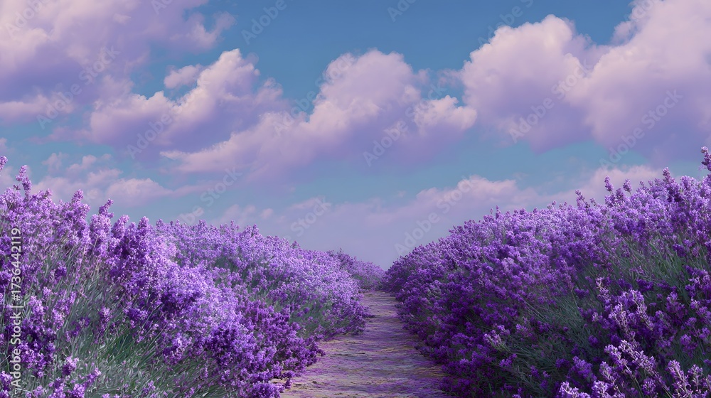 Obraz premium A pathway meanders through vibrant fields of purple flowers under a tranquil blue sky adorned with fluffy, pale clouds.
