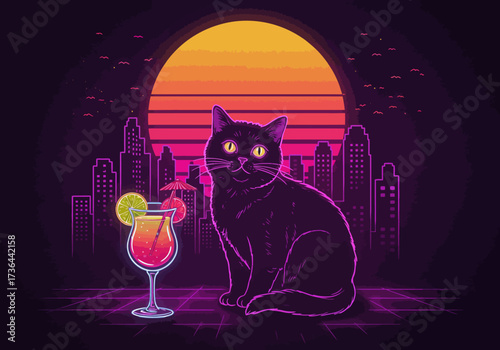Retro Cat with Cocktail and Cityscape Silhouette at Sunset.