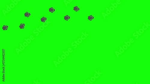 Animal paw prints. Cartoon  paws along the path. Footprints walking animal on a trajectory of movement. Rhinoceros paw prints creating a circle frame, on a green background. Animated Video
