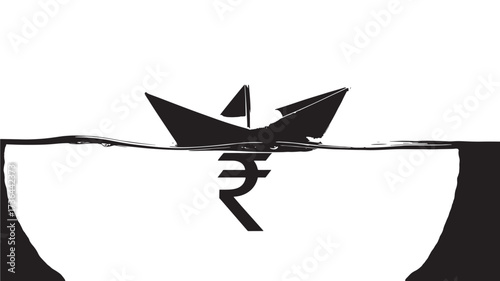 Paper boat sailing on the rupee symbol financial concept illustration isolated on white background